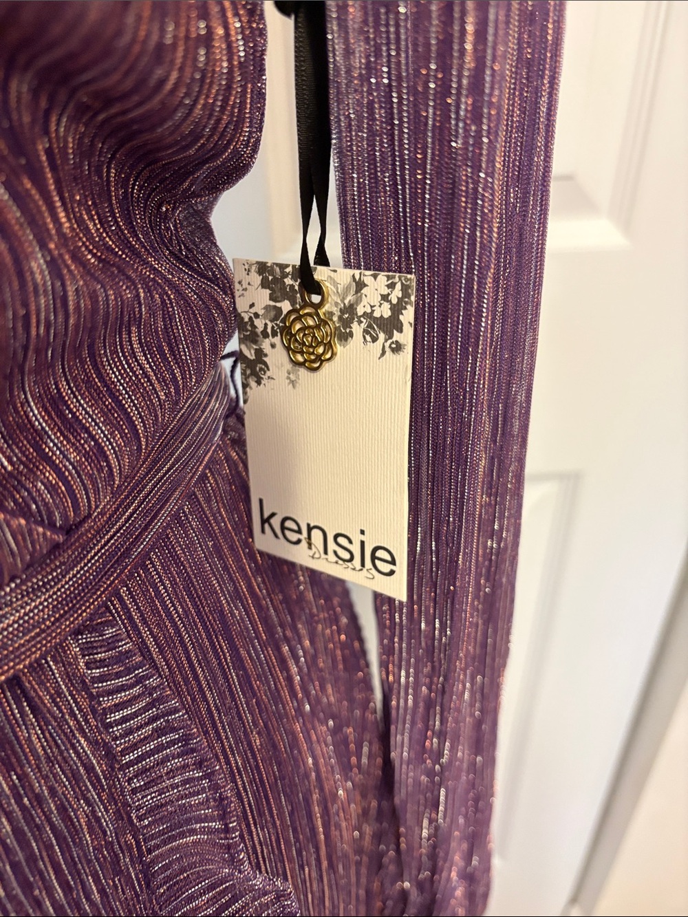 NWT Kensie Metallic Purple Long Sleeve Faux Wrap Midi Dress Size 10. - Picture 10 of 13